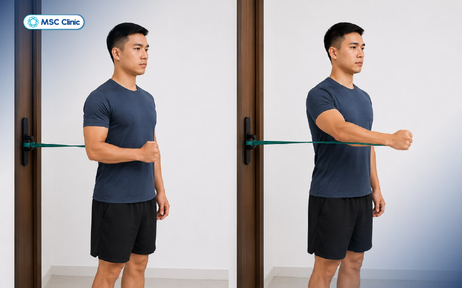 Bài tập xoay ngoài với dây kháng lực tác động trực tiếp vào nhóm cơ chóp xoay Bài tập xoay ngoài với dây kháng lực tác động trực tiếp vào nhóm cơ chóp xoay