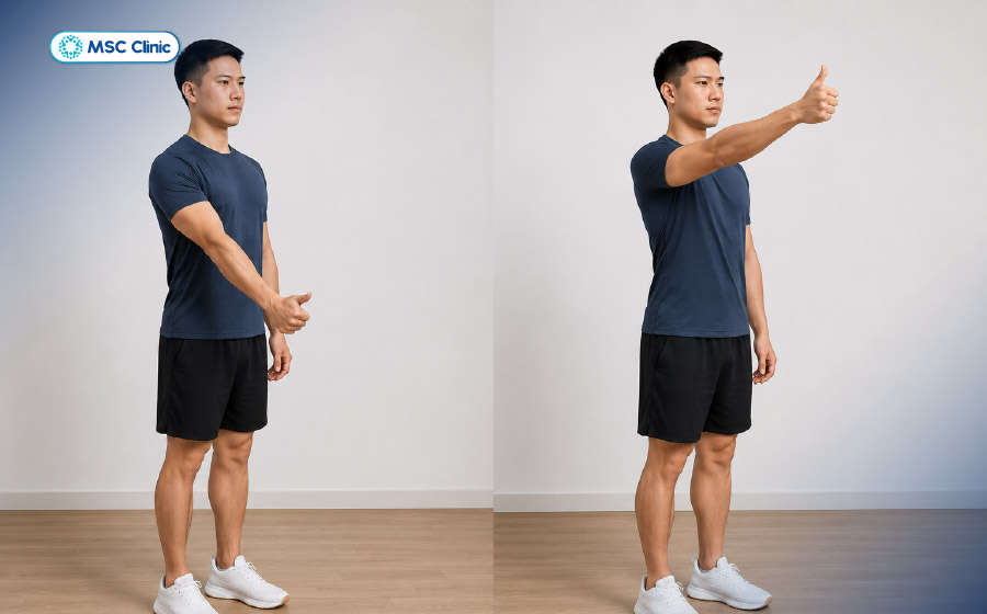 Đây là tư thế tự nhiên nhất, giúp tối đa hóa không gian của khớp vai, giảm thiểu nguy cơ chèn ép gân cơ Đây là tư thế tự nhiên nhất, giúp tối đa hóa không gian của khớp vai, giảm thiểu nguy cơ chèn ép gân cơ