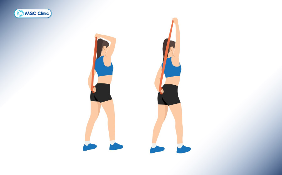 Kéo giãn với khăn giúp cải thiện biên độ xoay trong, hỗ trợ các hoạt động sinh hoạt Kéo giãn với khăn giúp cải thiện biên độ xoay trong, hỗ trợ các hoạt động sinh hoạt