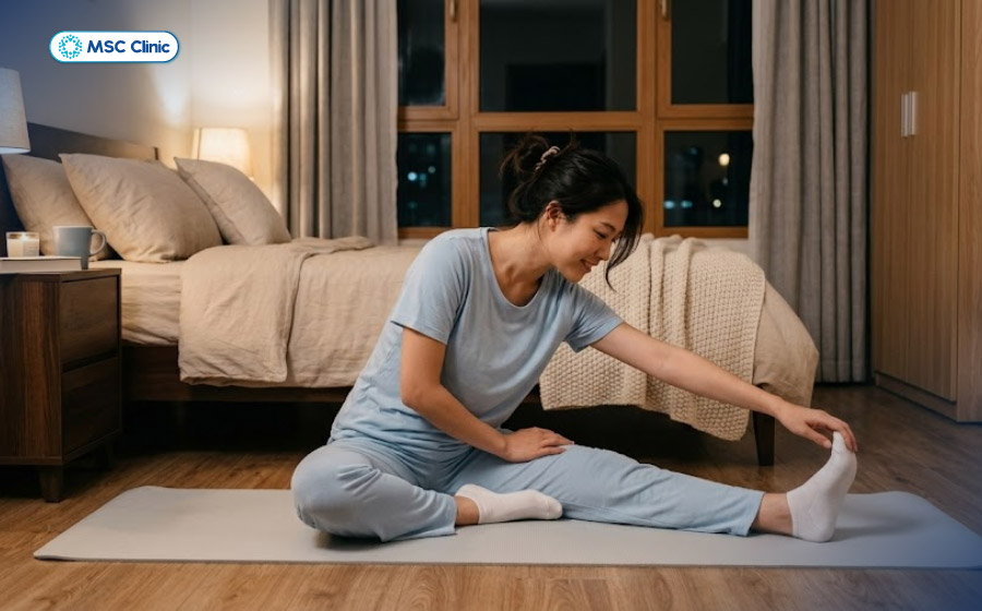 Kết hợp giãn cơ đùi sau khoảng 5-10 phút trước khi ngủ để tăng độ linh hoạt cho bắp chân Kết hợp giãn cơ đùi sau khoảng 5-10 phút trước khi ngủ để tăng độ linh hoạt cho bắp chân
