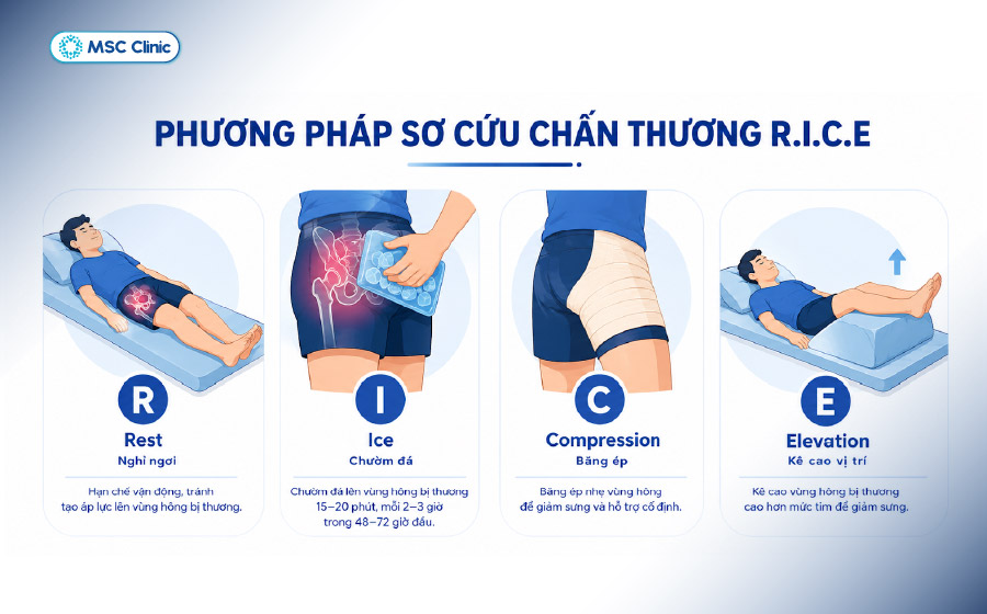 Nguyên tắc R.I.C.E là bước xử trí ban đầu được khuyến cáo trong điều trị căng cơ háng cấp tính Nguyên tắc R.I.C.E là bước xử trí ban đầu được khuyến cáo trong điều trị căng cơ háng cấp tính