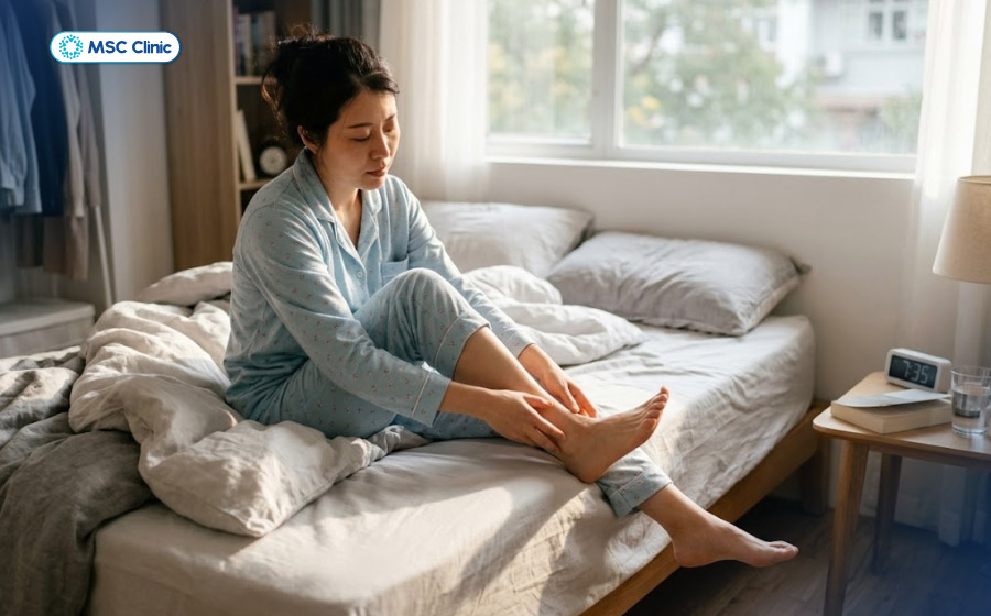 Sau khi cơn đau dịu bớt, hãy thực hiện vài động tác gập duỗi cổ chân, giúp kích thích lưu thông máu đến cơ bắp chân Sau khi cơn đau dịu bớt, hãy thực hiện vài động tác gập duỗi cổ chân, giúp kích thích lưu thông máu đến cơ bắp chân