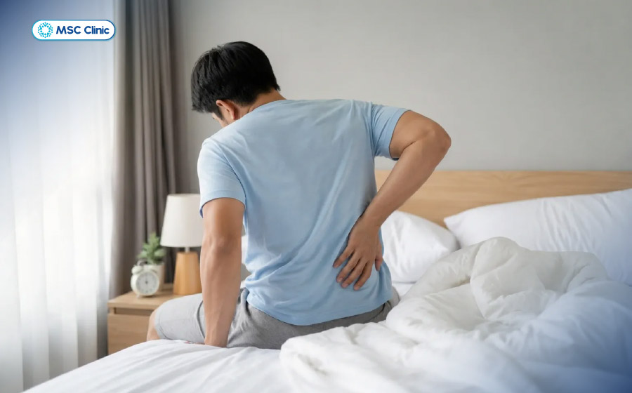 Người bệnh đau lưng về đêm có thể cảm thấy khó cử động vùng lưng vào buổi sáng
