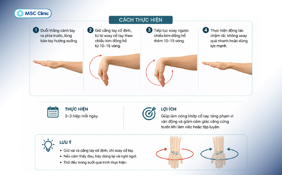 Bài tập giúp làm nóng khớp cổ tay, tăng phạm vi vận động và giảm cảm giác căng cứng trước khi làm việc hoặc tập luyện