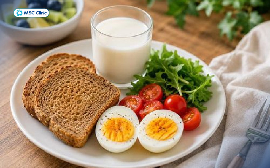 Bữa sáng gồm bánh mỳ nguyên cám, trứng và sữa đảm bảo dinh dưỡng cho người bị loãng xương Bữa sáng gồm bánh mỳ nguyên cám, trứng và sữa đảm bảo dinh dưỡng cho người bị loãng xương