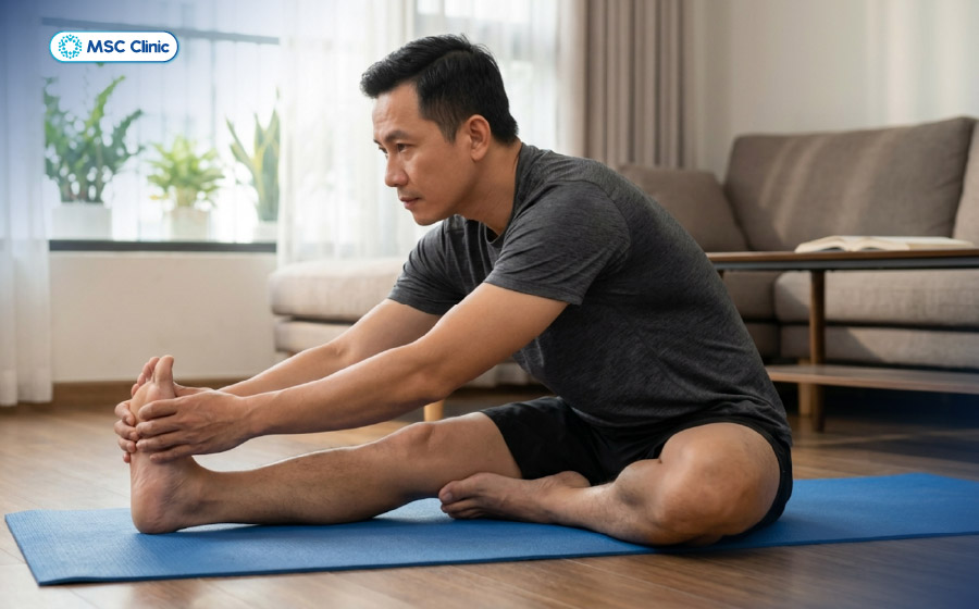 Chỉ cúi người đến mức cảm thấy cơ đùi sau căng nhẹ, tuyệt đối không ráng sức ép sâu để tránh nguy cơ rách cơ Chỉ cúi người đến mức cảm thấy cơ đùi sau căng nhẹ, tuyệt đối không ráng sức ép sâu để tránh nguy cơ rách cơ