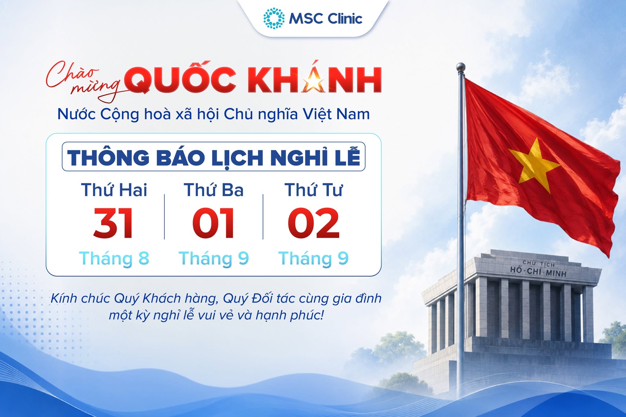 MSC Clinic thông báo lịch nghỉ lễ Quốc Khánh 02/09